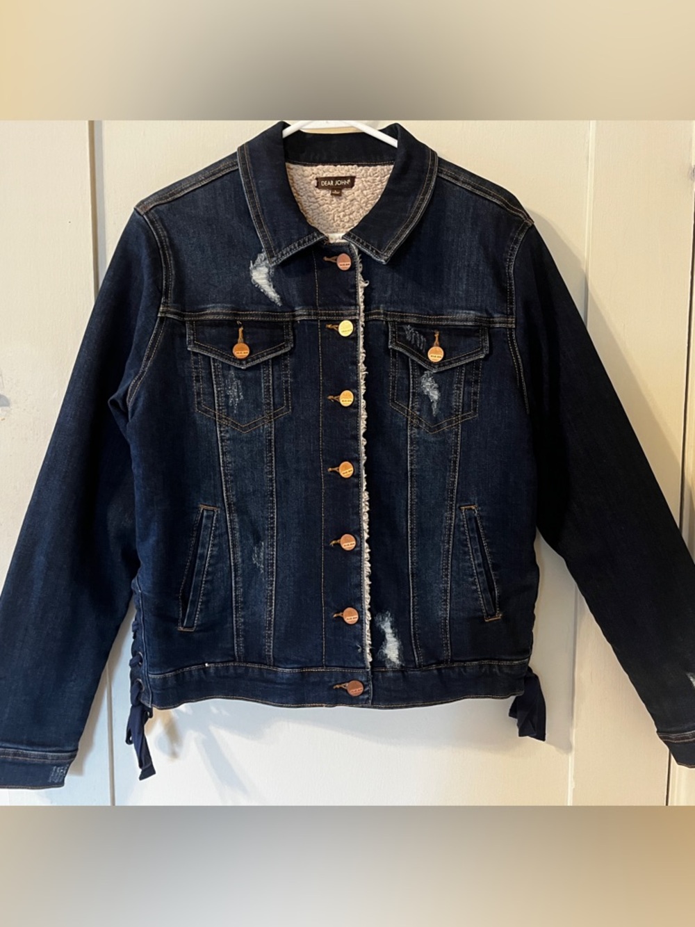 Dear John Indigo distressed darkDenim Jacket with Sherpa Lining large